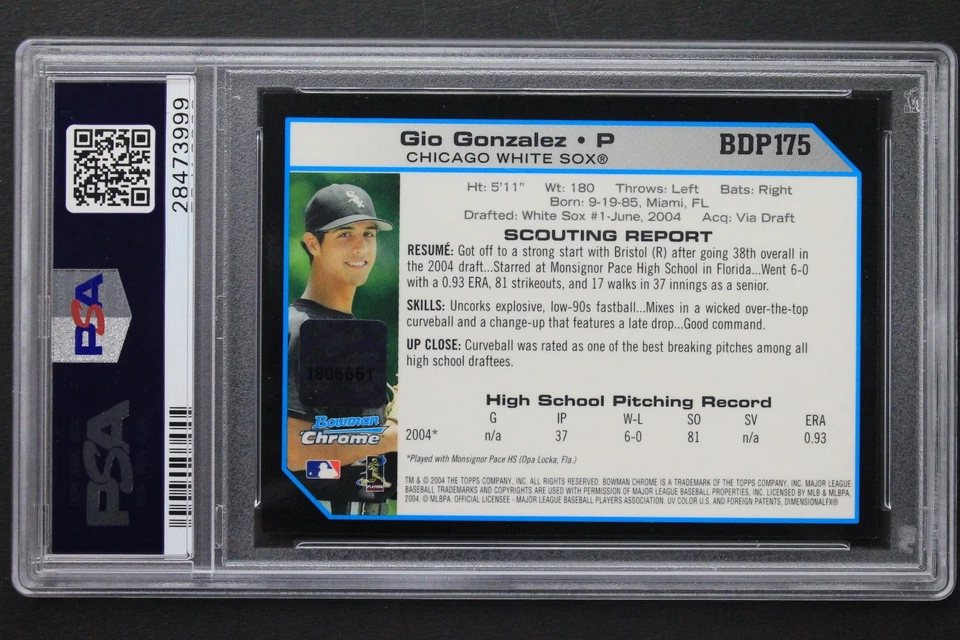 Autógrafo de novato Gio González 2004 Bowman cromo #175 selecciones de draft PSA 9 Foto 2 de 3