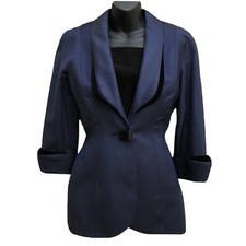 RARE Thierry Mugler Paris Wool Silk Navy Jacket Velvet Sculptured Trim Sz 38 6US