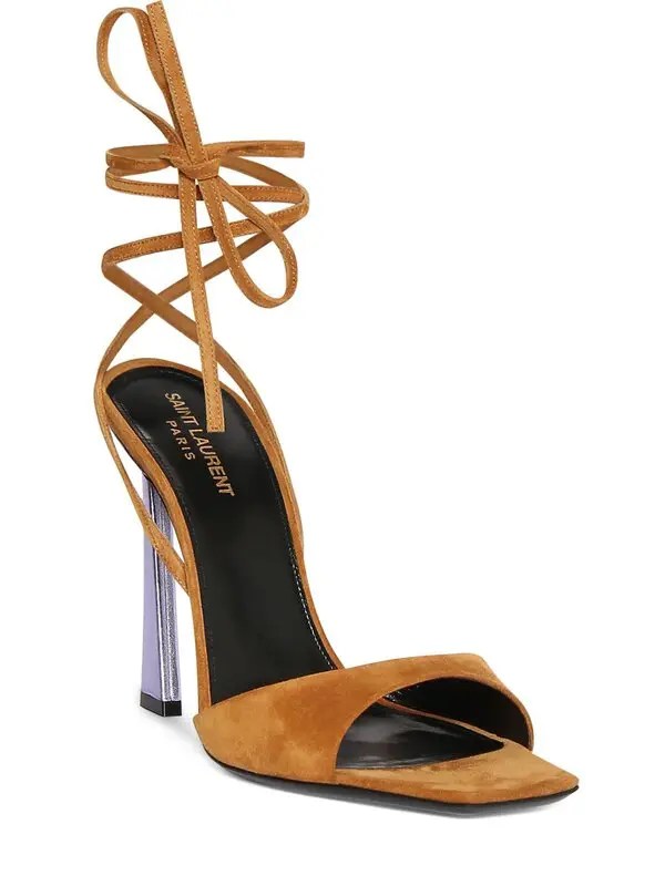 YSL Saint Laurent sandalo donna Paz 105 cravatta alla caviglia pelle tacco alto cumino metallo