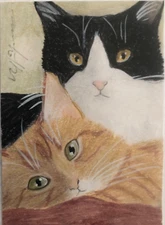 ACEO Original Pastel Drawing Tuxedo and Ginger Cats by Anna Hoff Ronja + Francis