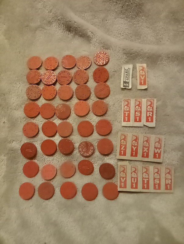  World War II OPA Red 1 Point FOOD RATIONS TOKENS Lot Of 40 And 17 Stamps