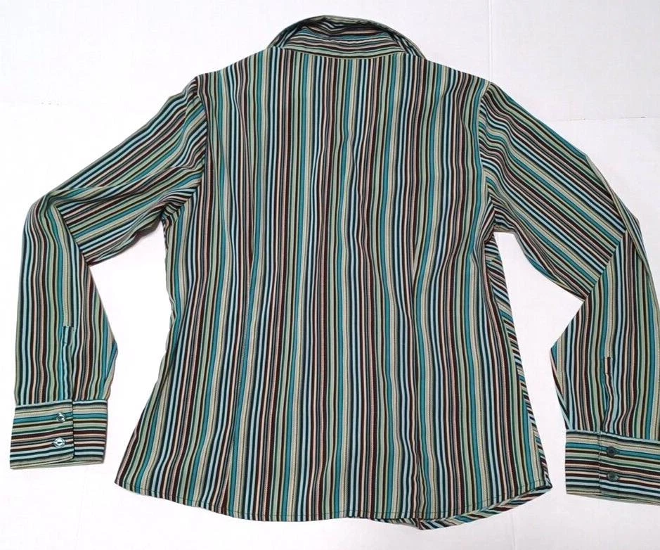 Blusa Ninety Mujer Rayas Talla M Top Verde Marrón Botón Manga Larga Elastizada Foto 2 de 4