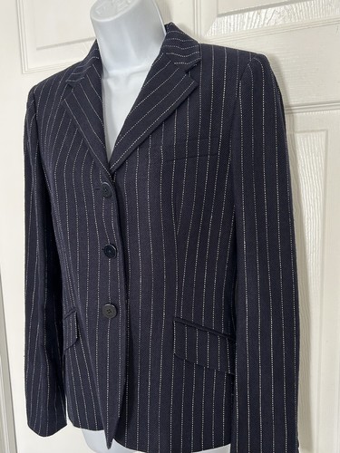 Vintage Lauren Ralph Lauren Navy & White Pin Stripe Linen Blazer Jacket Size 4 - Picture 3 of 7
