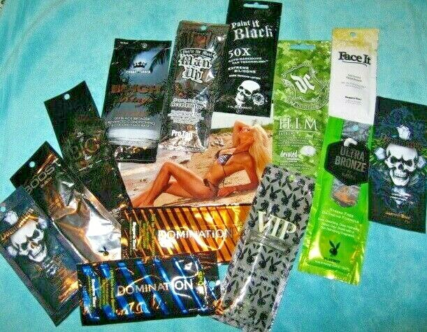 HOT MEN'S TANNING LOT:13 Pcs-10 Asst Tanning Lotion Pkts+1 ea. Face/Wash/Moist 