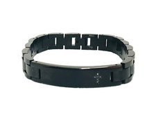 MGW Black Ion Plate Stainless Steel ID Bracelet Black Diamond Accent Cross 9.25?