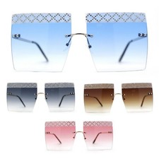 Rhinestone Argyle Pattern Jewel Rimless Oversize Rectangle Sunglasses