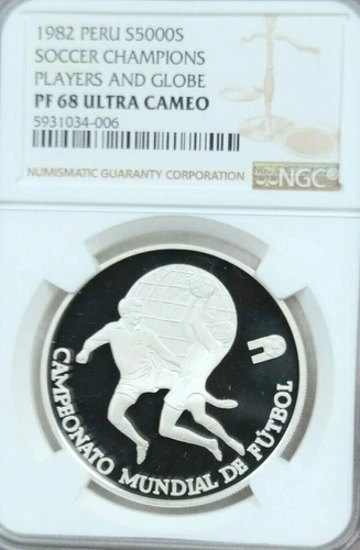 1982 PERU SILVER 5000 SOLES SOCCER PLAYERS AND GLOBE NGC PF 68 ULTRA CAMEO 