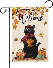 Welcome Fall Garden Flag 12 x 18 Inch Double Sided Burlap, Black Cat with