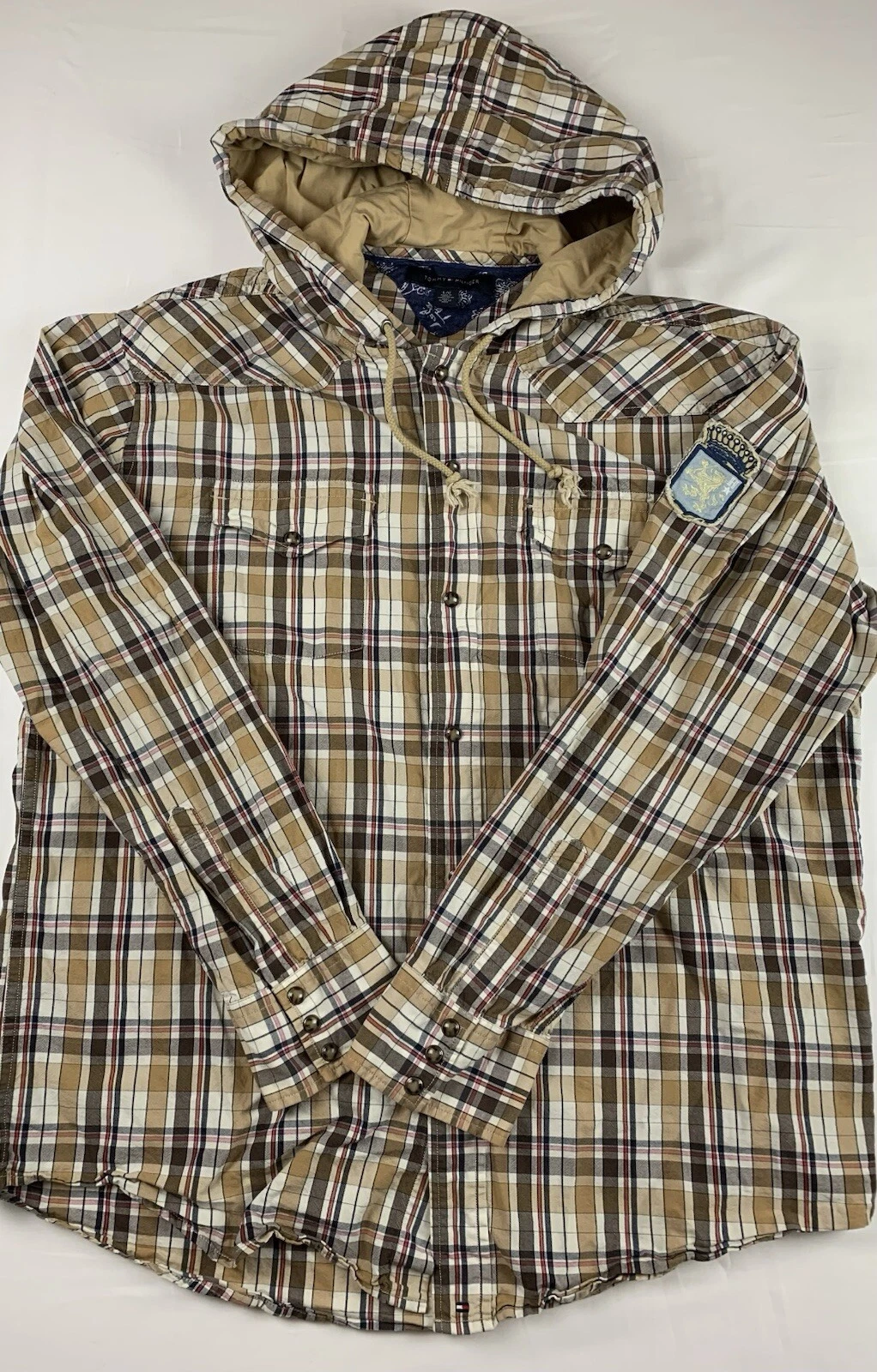 VtG Tommy Hilfiger Men’s Large Lightweight Plaid Snap UP Hoodie 100% Cotton Y2K
