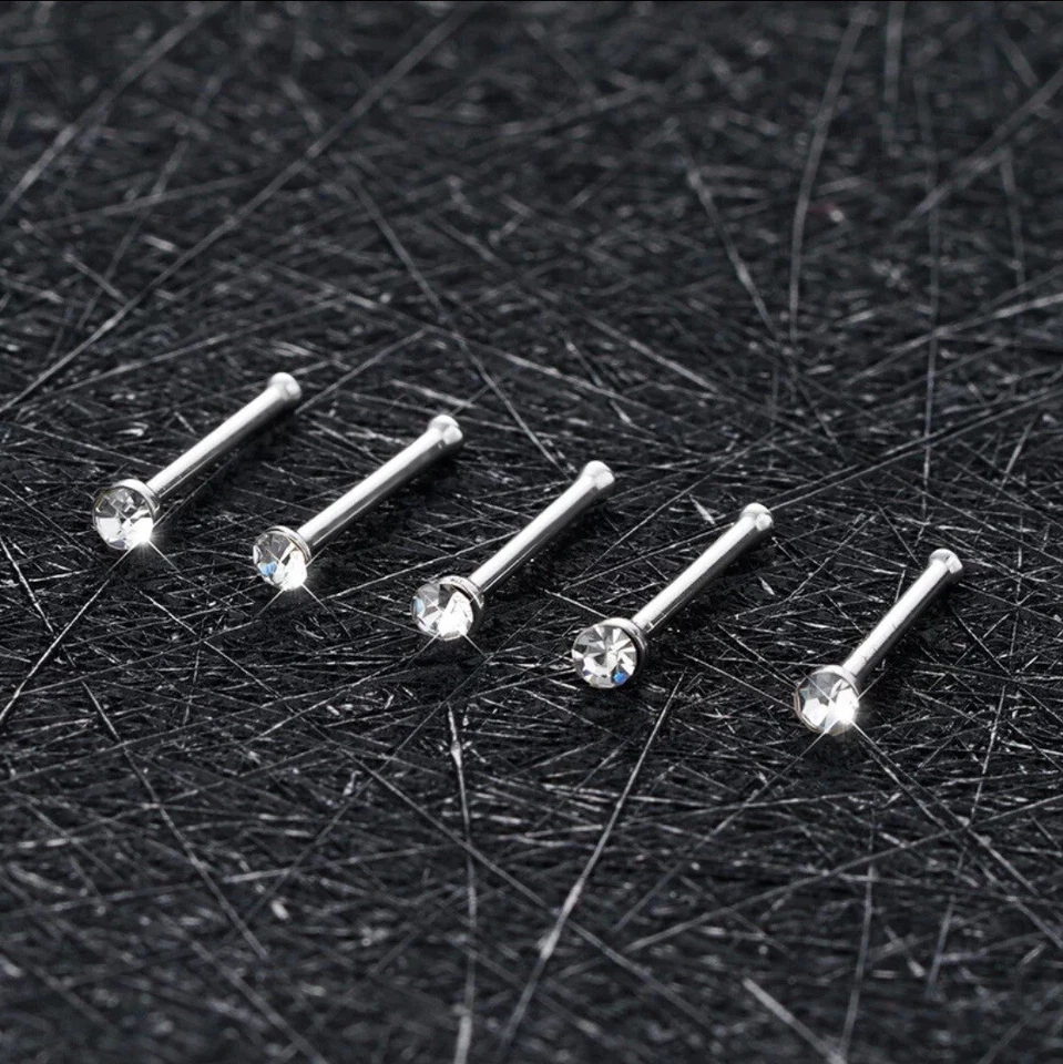 Lote de 20 piezas de anillos de nariz de plata con forma de pasador de acero quirúrgico tachuelas transparentes de 20G Foto 3 de 4