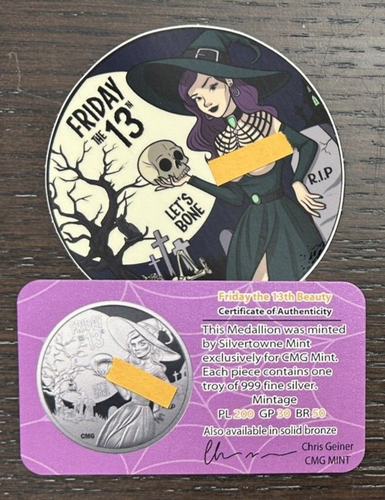 CMG Mint Friday the 13th Beauty 1 Oz .999 Silver Round With COA & Sticker - Bild 5 von 7