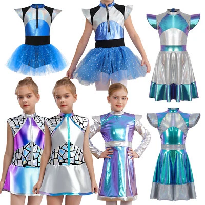 INHZOY Girls Metallic Halloween Alien Outfits Space Man Robot Role Play Fancy Dresses