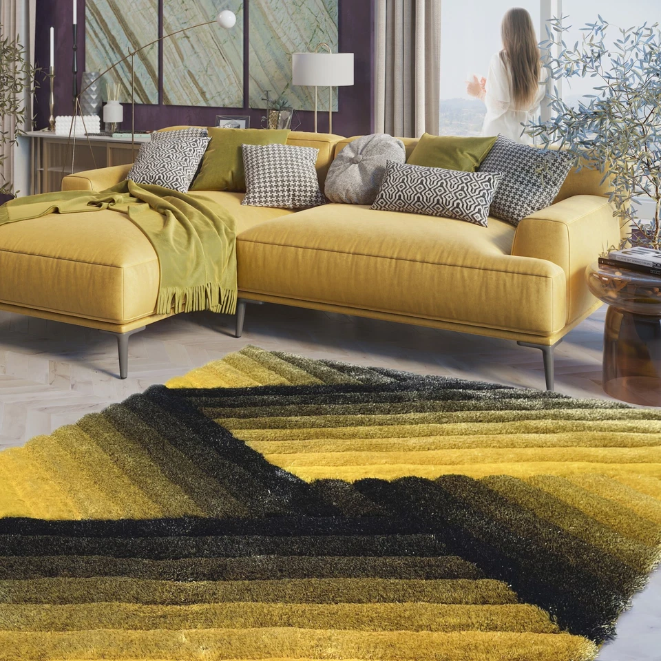 RugBerry 5x7 Area Rug 3D Abstract Soft Shag Carpet Floor Decor Yellow Black - Image 2 of 4