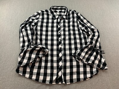 Time & Tru Flannel Bell Sleeve Top Blouse Women Sz 20 Black Gingham 100% Cotton