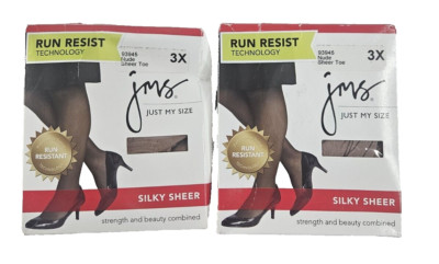 JMS Silky Sheer Pantyhose Women 3X Nude Sheer Toe Control Top Lot 2 New in Box