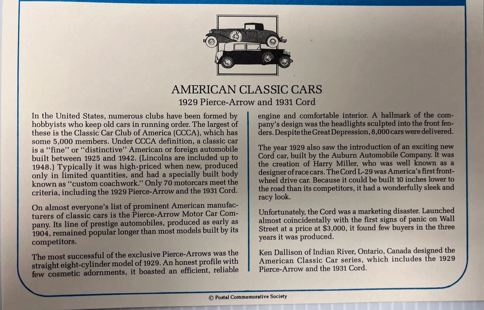 American Classic Cars Mail Cover FDC & Info Sheet 1988. 1931 Cord & 1929 Peirce - Image 3 of 3