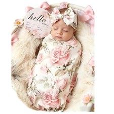 Newborn Receiving Blanket Headband Set Baby Flower Swaddle