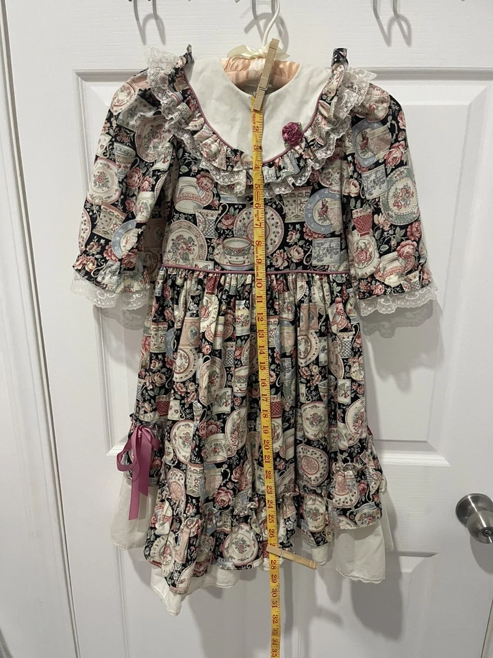 Vintage Girls  Tea Party Dress - Prairie Cottagecore Lace Ruffled Collar Floral - Image 3 of 4