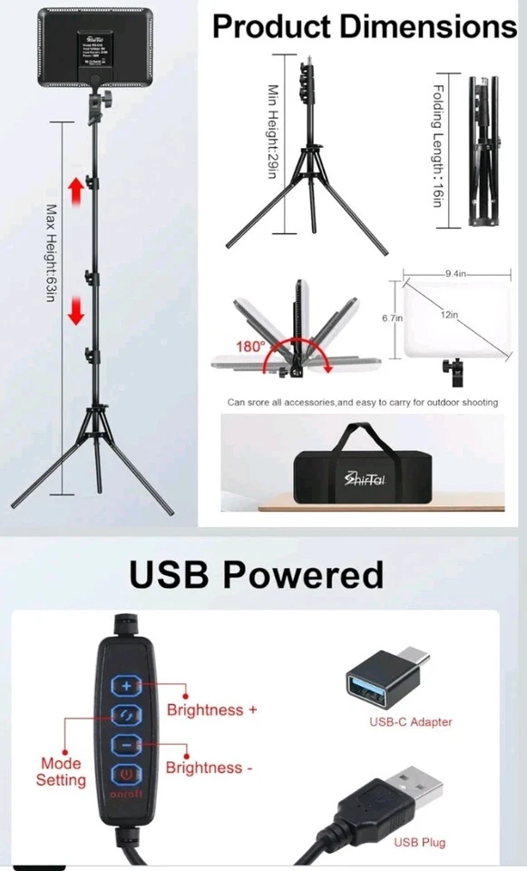 12" LED Video Light Kit,2-Pack Photography Lighting Kit,73" Height 2800-6500K. - Image 4 of 4