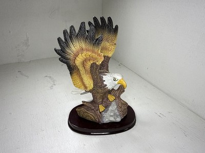 Ceramic Eagle Figurine Spread Wings Hand Painted Wood Base Home Decor