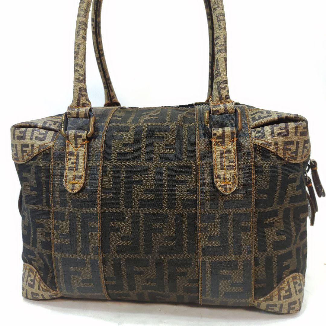 FENDI Mini Boston Bag Hand Bag Tote Purse FF Zucca PVC Canvas Khaki Authentic