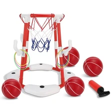 Summer Pool Basketball Hoop Toy Set w/ 4 Basketballs Circles Pump Floating Games