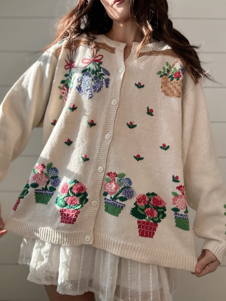 Vintage Novelty Sweater Quaker Factory Cardigan Garden Lovers 1X  - Image 4 of 4