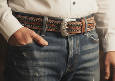 Western Cowboy Ranger Floral Tooled  Two Tone Leather Belt Size 40 NB05C