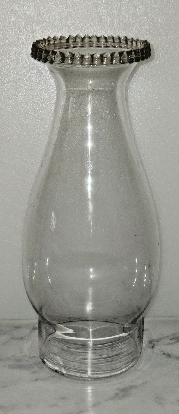 VTG GLASS OIL HURRICANE BEADED TOP LAMP CHIMNEY GLOBE SHADE 8.5" HIGH 3" FITTER
