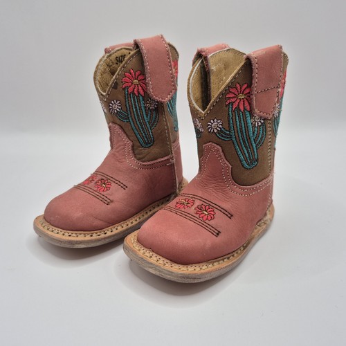 Roper Cowbabies Size 1 Leather Boots Rodeo Western Pink With Cactus - Picture 2 of 8