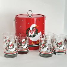 Vintage Christmas Goose W/Wreath Ice Bucket W/6 4” Glasses Libbey Holiday