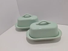 Chantal Mint Blue Mini Ceramic Butter Dish with Lid 5" Set Of 2 - Half Stick 
