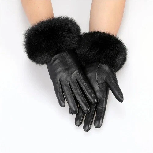 New  Wholesale Women's Faux Sheepskin Pu Leather Gloves  Rabbit Fur Cuffs Gloves - Image 4 of 4