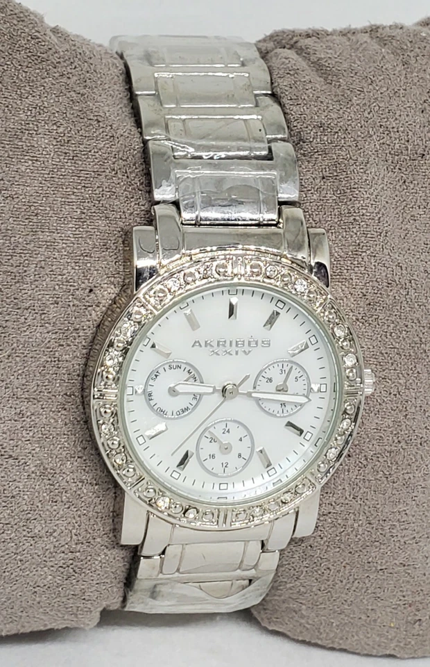 Ladies Akribos XXIV AK530SS Chrystal Bezel Multifunction Silver Tone Watch C9 - Image 3 of 4