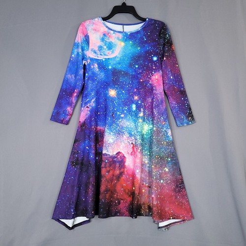 Girls Dress Galaxy Print All Over Midi Flare Pullover Long Sleeve Actual Size 12