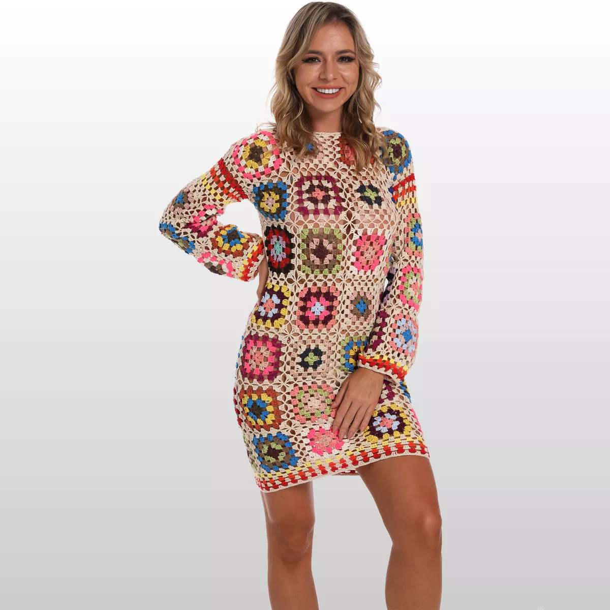 Granny Square Crochet Dress Long Sleeve Women Boho Clothing Randomly blend  color