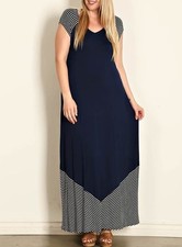 SPIN USA Plus Size (XL, 2XL, 3XL) Navy V-Neck Stripe Border Maxi Dress