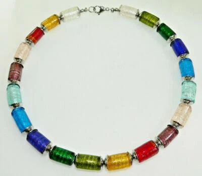 Halskette Glas Walzen Lampwork silberfolie mehrfarbig bunt Edelstahl  202s - Bild 1 von 4