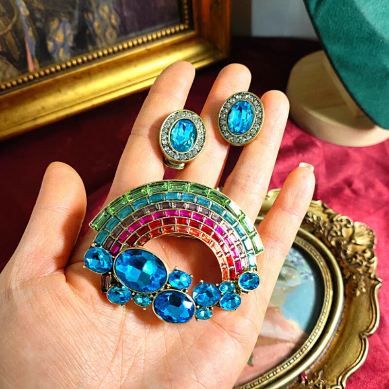 Vintage Rainbow Crystal Corsage Brooch with Matching Stud Earrings  