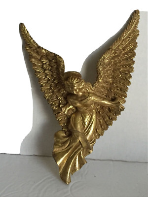 Glorious Winged Angel Figurine Halo Gold Painted Wall Art Resin Detailed 10x7.5''