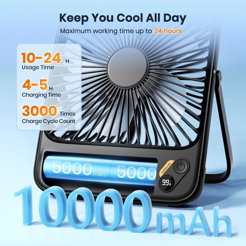 Novo ventilador de mesa portátil 2025 com bateria de 10000mAh, ventilador ultrafino 24h para viagem - Imagem 2 de 4