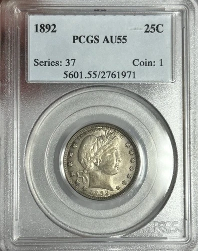 1892 Barber Quarter PCGS AU55 - 25c US 90% Silver Coin Problem Free