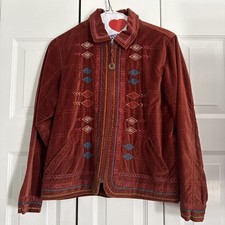 COLDWATER CREEK Women's Brown Embroidered Cotton Velvet Zip Jacket Sz M preowned