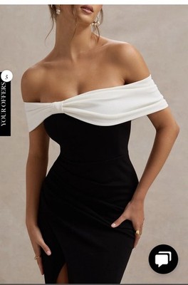 off the shoulder club dress Club l London EVA Elegant Off-Shoulder Black and White Dress