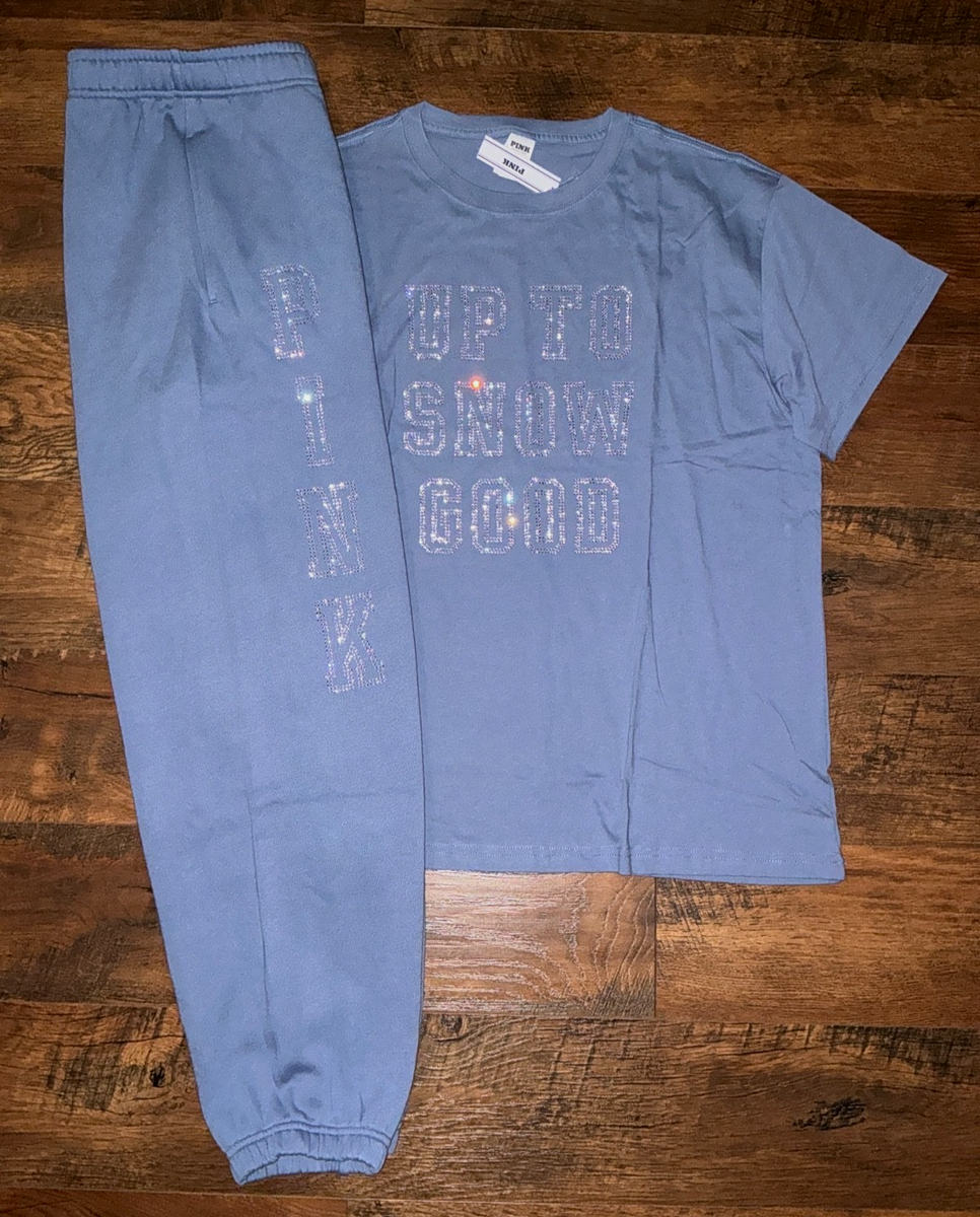 Victoria's Secret Pink Bling Campus SS Tee Shirt + Pants Set Dusty