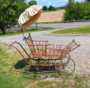 Antique Victorian Perambulator Carriage Go-Cart w Umbrella The Kinley 1870s Rare