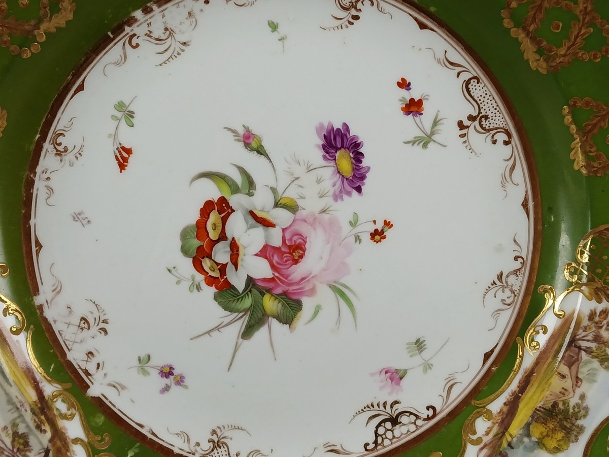 Coalport Hand Painted Floral Landscape Green & Raised Gold 9 1/4