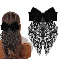 Big Lace Hair Bows with Long Tail Black Bow Barrettes Hair Clips for Women Bo...