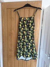 Missguided Womens Black Yellow Lemon Print Cami Dress 12 Tie-back double Straps