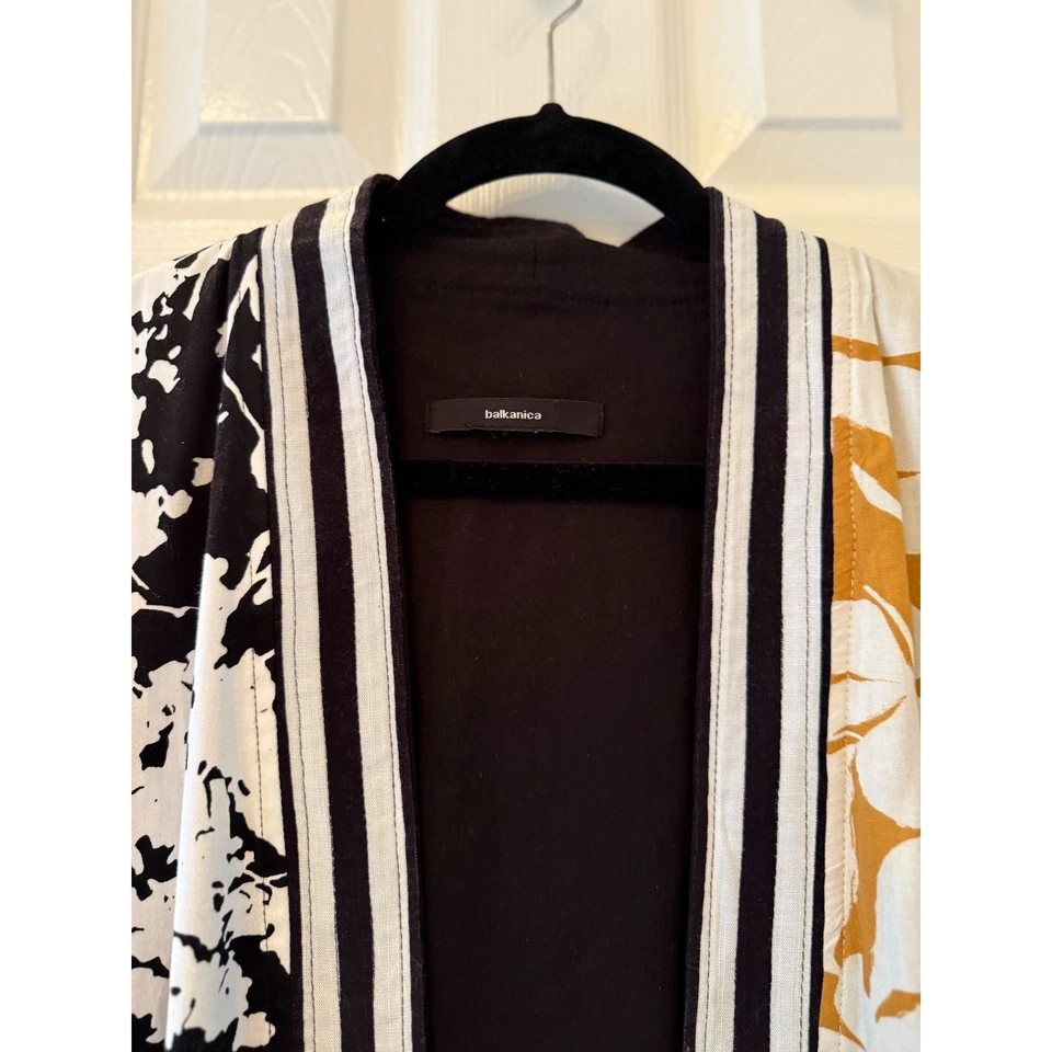 Balkanica Mixed Print Kimono Cardigan Robe Belted Boho Floral Black Mustard - Image 4 of 4